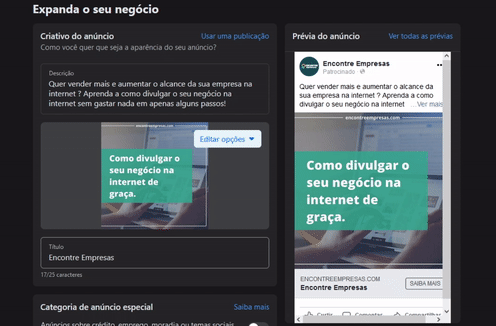 Prévia de anúncio no facebook, instagram e messenger